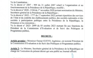 Nomination : Oumar Guèye, président de la Commission d'Evaluation et de Suivi des Politiques et Programmes publics