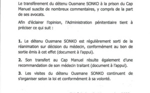 Transfèrement du détenu Ousmane Sonko à la prison du Cap Manuel: L'administration pénitentiaire donne des précisions de taille