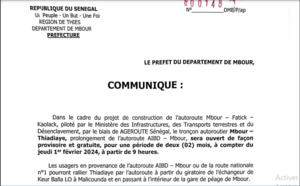 Pour une période de deux mois: Le troncon Mbour-Kaolack sera ouvert de facon provisoire et gratuite