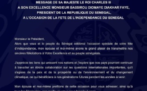 Fête de l'Indépendance du Sénégal : Le message de Sa Majesté Le Roi Charles Iii au Président Bassirou Diomaye Diakhar Faye