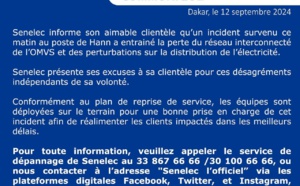 Perturbations dans la distribution de l’électricité : La Sénélec informe son aimable clientèle, d’un incident sur le réseau interconnecté de l’OMVS