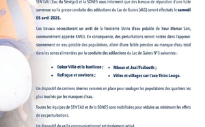 SEN'EAU et SONES annoncent des perturbations dans l'approvisionnement en eau, le 5 avril 2025 (Document)