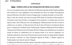Collision mortelle entre un bus scalaire et un camion: le ministère de l'Education nationale réagit