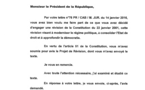 L'Avis de l'Assemblée Nationale adressé au président Macky Sall le 20 janvier 2016 (Documents)