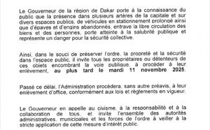 Dakar : Le Gouverneur ordonne l’enlèvement des véhicules et épaves abandonnés, avant le 11 novembre