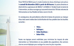 Alimentation en eau: SEN'EAU et SENELEC annoncent des perturbations
