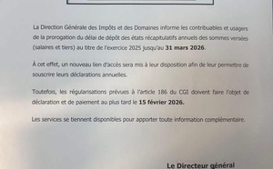 États récapitulatifs 2025 : La DGID prolonge le délai de dépôt des états récapitulatifs annuels, jusqu'au 31 mars 2026
