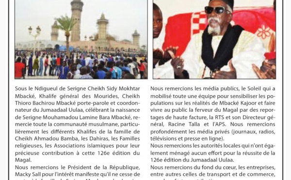 Mbacké Kajor : Communiqué de Remerciements et Prières du Khalife Général des Mourides