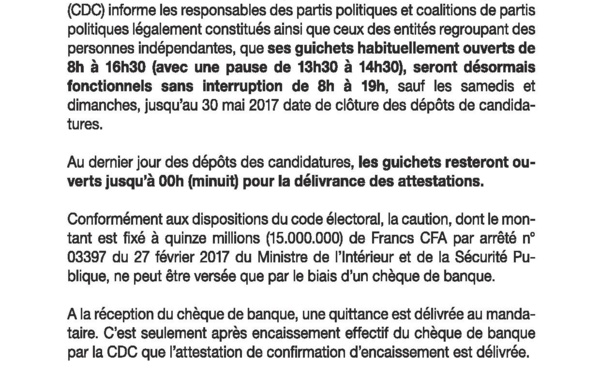 Communiqué Caisse et Dépôt et Consignations (CDC) 
