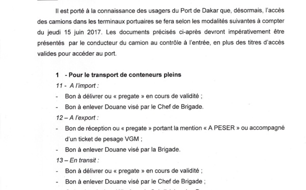 Modalités d'accès camions au Port de Dakar : Circulaire à l'attention des usagers du Port de Dakar