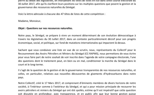 Communiqué du ​Collectif Citoyen pour le Recouvrement des Avoirs Pétroliers et Miniers du Sénégal (CC‐RAPMS)