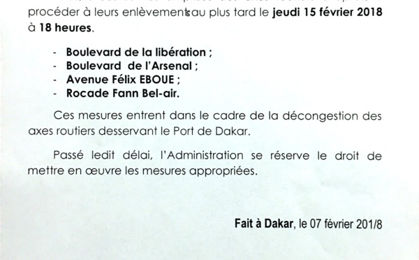 Communiqué du préfet de Dakar sur la décongestion des axes routiers desservant le Port de Dakar
