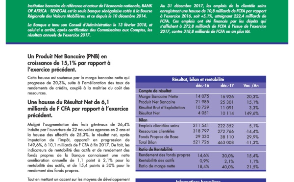 « Communication Financière BANK OF AFRICA – SÉNÉGAL au terme de l’exercice 2017