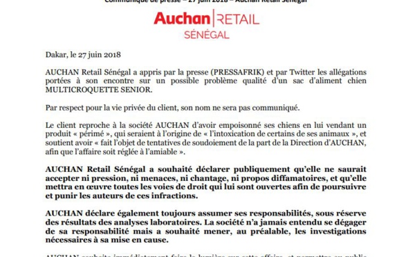  AUCHAN Retail Sénégal apporte la réplique suite aux accusations de vente de croquettes périmées pour chiens 