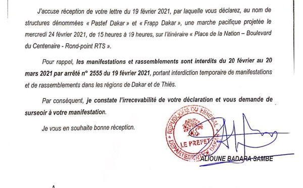 Lutte contre le Coronavirus : Le préfet de Dakar interdit toute manifestation