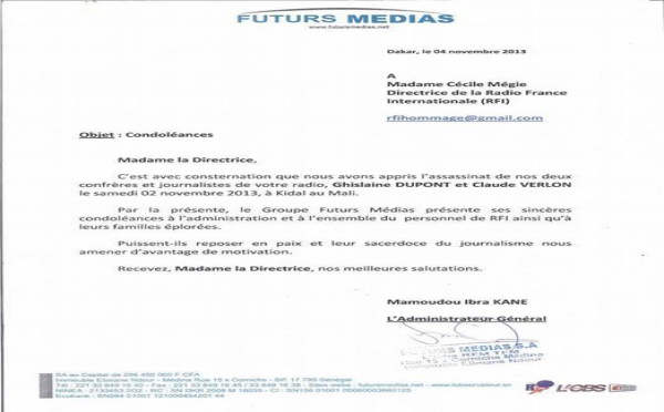 Assasinats de Ghislaine Dupont et Claude Verlon: Les condoléances du GFM à RFI