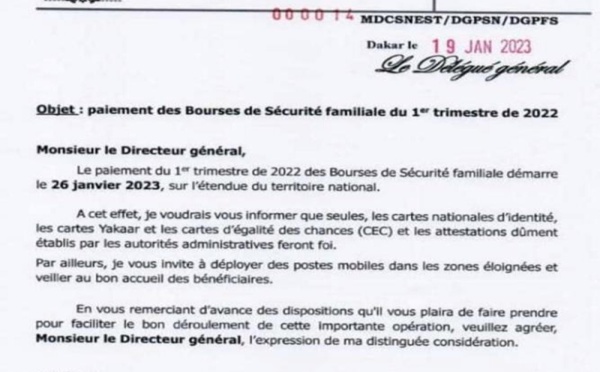 Annonce de la DGPS :  Le paiement des bourses de sécurité familiale démarre le 26 janvier prochain