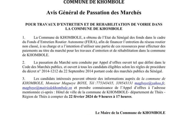 Khombole : Avis de Passation de marchés pour travaux d'entretien et de réhabilitation de voirie dans la commune