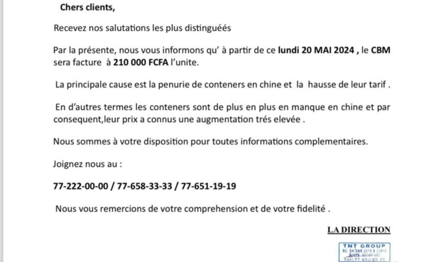 Communiqué du TNT Groupe :  le CBM  facturé à 210 000 FCFA l'unité à partir de ce lundi 20 Mai 2024