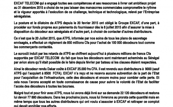 ACHAT ET DISTRIBUTION DE DÉCODEURS TNT : EXCAF confirme avoir signé avec ATPS qui n'a pas respecté ses engagements