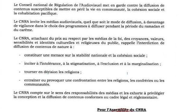 Ramadan et Carême: Le CNRA appelle les médias à accorder une grande attention et un soin particulier, aux contenus et émissions diffusés