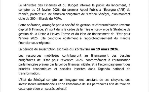 Le Sénégal lance son premier Appel Public à l'Épargne de l'année 2026