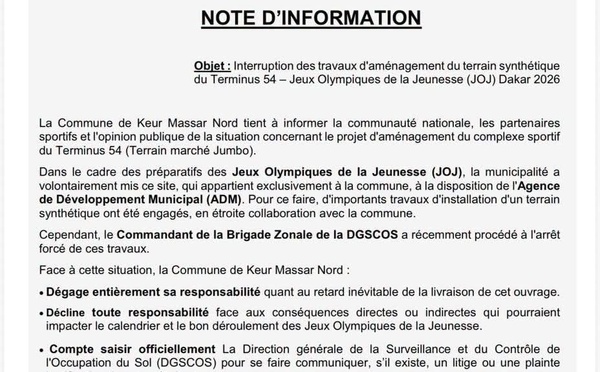JOJ : Keur Massar Nord alerte sur l’arrêt des travaux du complexe sportif du Terminus 54