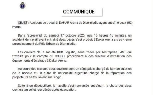 Dakar Arena : une nacelle chute et tue deux ouvriers lors de travaux d’éclairage