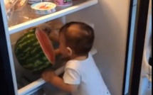 Vidéo: Bébé et la pastèque dans le frigo