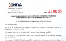 CNRA / Election présidentielle 2024: Communiqué relatif à la diffusion du temps d’antenne des candidats